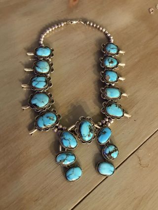 Vintage Large Navajo Sterling Silver & Turquoise Squash Blossom Necklace