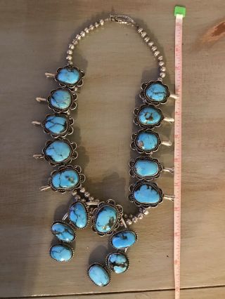 Vintage Large Navajo Sterling Silver & Turquoise Squash Blossom Necklace 9