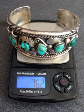 Vintage Navajo Al Joe Signed Sterling Silver & Turquoise Large Cuff Bracelet 10