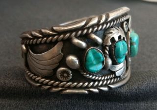 Vintage Navajo Al Joe Signed Sterling Silver & Turquoise Large Cuff Bracelet 2