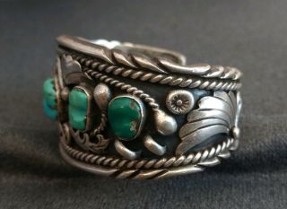 Vintage Navajo Al Joe Signed Sterling Silver & Turquoise Large Cuff Bracelet 3