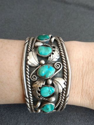 Vintage Navajo Al Joe Signed Sterling Silver & Turquoise Large Cuff Bracelet 5