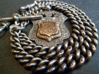 Chunky Antique Solid Silver Double Albert Pocket Watch Chain,  9ct Gold Frt Fob