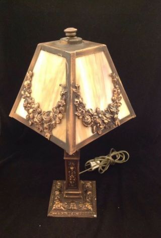 Antique 4 Panel Art Nouveau? Slag Glass Boudoir Lamp Rose & Floral Wreath Motif