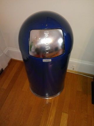 Vintage United Metal Dome Top Industrial Trash Can (very Rare Blue & Chrome)