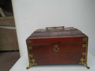 Lovely Antique Wooden Tea Caddie With Brass Decoration & Lion Claw Feet Wow Look