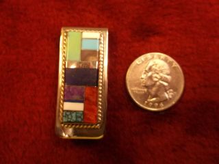 Stunning,  Sterling Silver Zuni " W " Money Clip Inlaid With 11 Stones