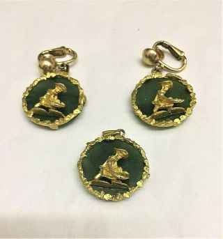 Vintage.  Alaskan.  Jade And Gold Nugget Earring & Pendant Set.  Hand Crafted