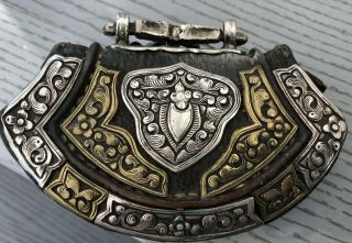 Antique Tibetan Pouch Silver Leather Brass Tibetan Purse tobacco bag 165 G 4 Inc 12