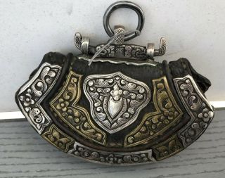 Antique Tibetan Pouch Silver Leather Brass Tibetan Purse tobacco bag 165 G 4 Inc 2