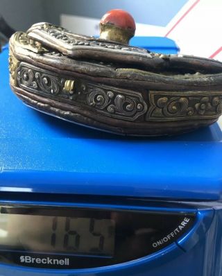 Antique Tibetan Pouch Silver Leather Brass Tibetan Purse tobacco bag 165 G 4 Inc 5