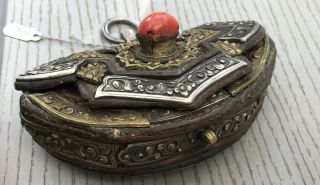 Antique Tibetan Pouch Silver Leather Brass Tibetan Purse tobacco bag 165 G 4 Inc 6