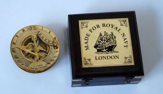 Vintage Brass Golden Maritime West London Sundial 3 " Compass With Wooden Box