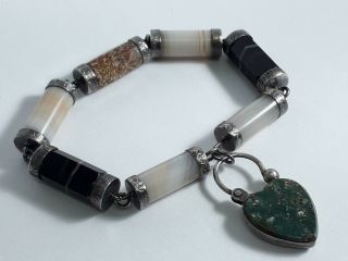 Antique Silver Agate Bracelet With Agate Heart Padlock Clasp