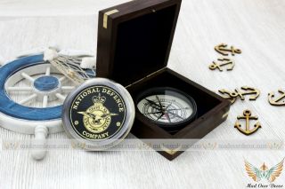 Vintage Marin Brass 3 " National Defence Invictus Poem Compass W Anchor Wooden Box