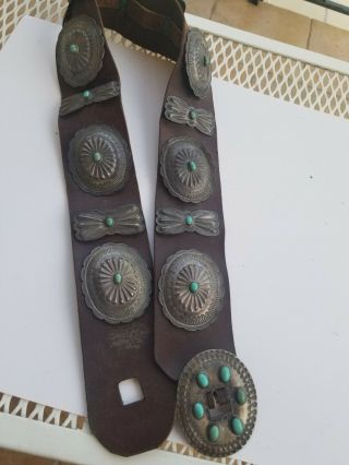 RARE Old Pawn STERLING SILVER & Turquoise Navajo Indian CONCHO BELT & BUCKLE 10