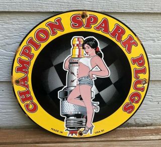 Vintage Champion Spark Plug Service 11.  75 " Porcelain Sign Gas Oil 1961