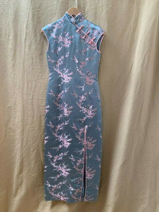 Vtg Custom Blue Asian Cherry Blossom Print Japanese Midi Cheongsam Dress Xs