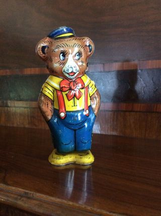 Vintage 1930s J Chein Co Tin Litho Walking Bear Wind Up Toy Usa