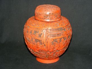 Antique Chinese Lacquer Cinnabar Ginger Jar With Lid