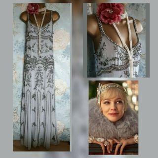 Maya Asos grey silver Vtg bead 20s deco Evening wedding Dress Gatsby Sequin 10 2