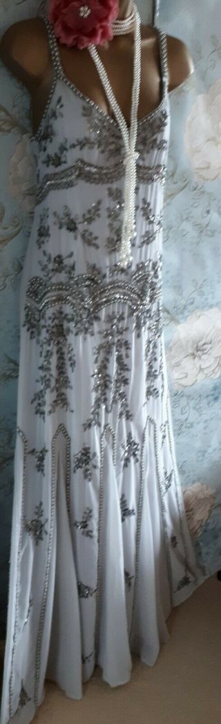 Maya Asos grey silver Vtg bead 20s deco Evening wedding Dress Gatsby Sequin 10 3