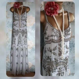 Maya Asos grey silver Vtg bead 20s deco Evening wedding Dress Gatsby Sequin 10 4