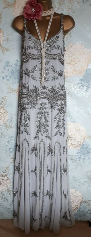 Maya Asos grey silver Vtg bead 20s deco Evening wedding Dress Gatsby Sequin 10 5