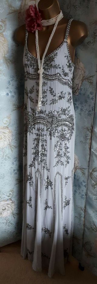 Maya Asos grey silver Vtg bead 20s deco Evening wedding Dress Gatsby Sequin 10 6