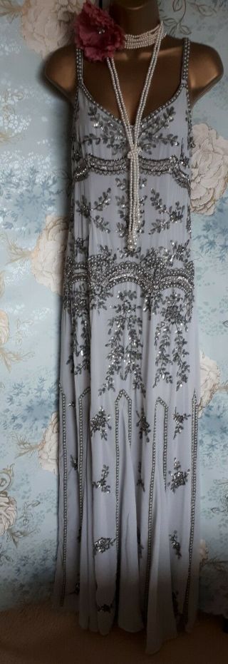 Maya Asos grey silver Vtg bead 20s deco Evening wedding Dress Gatsby Sequin 10 8