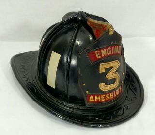 Vintage Cairns & Brother 5a Leather Fireman Fire Helmet Amesbury Massachusetts
