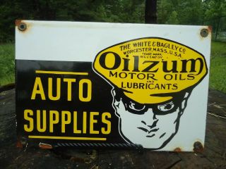 Vintage Oilzum Motor Oils Auto Supplies Porcelain Enamel Gas Pump Sign