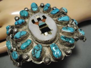 Opulent Vintage Navajo Kachina Dancer Sterling Silver Turquoise Bracelet Old