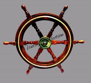 24 " Decor Wooden Hanging Ship Wheel Nautical Brass Boat Captain Steering Wheel