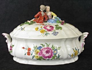 Antique 18th C Meissen Porcelain Tureen & Lid,  Figural Finial,  Children,  C1750