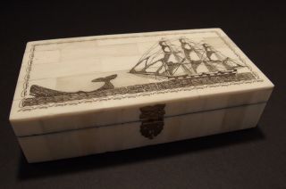 Antique Style Folk Whale Chase Scrimshaw Bone & Wood Trinket Box