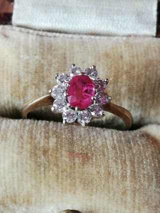 Vintage Yellow Gold Ruby and diamond Cluster Ring 2