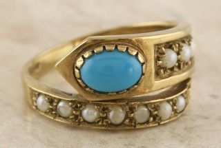 Vintage Turquoise And Pearl Snake Ring 9ct Yellow Gold Size O