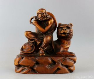 Collect Old Boxwood Hand - Carved Tiger & Arhat Exorcism Bring Luck Buddha Statue