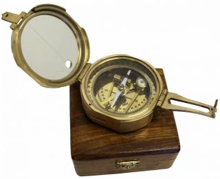 Nautical 3 " Brunton Compass With Wooden Box - Solid Brass Heavy Direction Compas