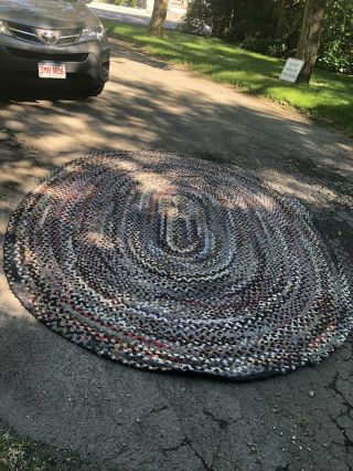 Gorgeous Antique American Hand Made Braided Rag Rug Round Oval 81.  5 " X 74.  5 "