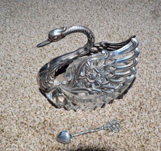 Solid Silver And Glass Salt Swan With Articulated Wings.
