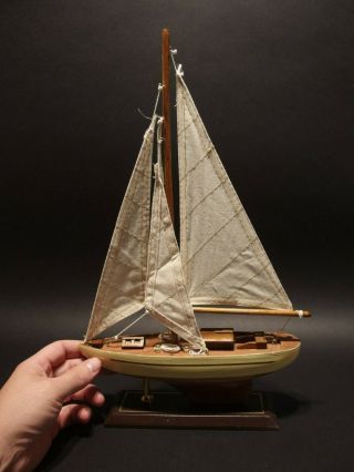 15 1/2 " Antique Vintage Style Wood Model Sailboat Ship W Canvas Sails Yellow