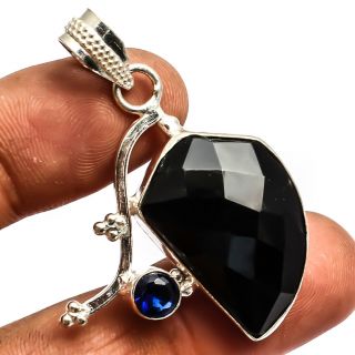 Faceetd Black Onyx,  Blue Sapphire Pendant 925 Silver Jewelry Sz1.  76 "