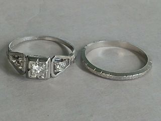 Vintage Ladies Size 6 Platinum Wedding Ring Set Missing 2 Small Diamonds