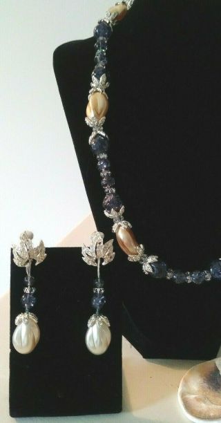 Vintage Signed Boucher Rhinestones Necklace Earrings Set Mottled Blue Crystal