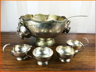 Vintage Large 14 Cup Silver Plate Punch Bowl Ladle Set Engraved Epns Antique Art