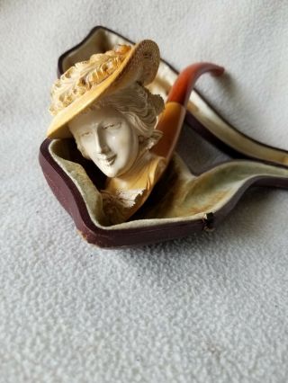 Antique Meerschaum Pipe - Victorian Lady Wearing Feathered Hat,  Amber Stem