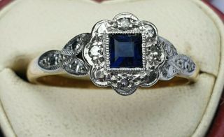 18ct Yellow Gold Art Deco Sapphire & Diamonds Ring Size N Us 7