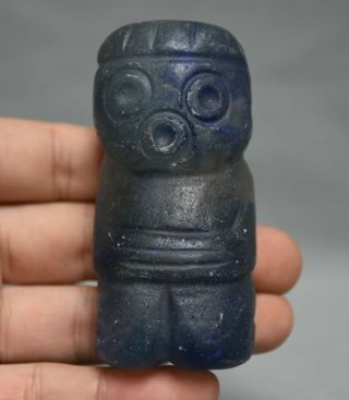 8cm Ancient Hongshan Culture Old Blue Crystal Hand Carved Sun God Man Sculpture